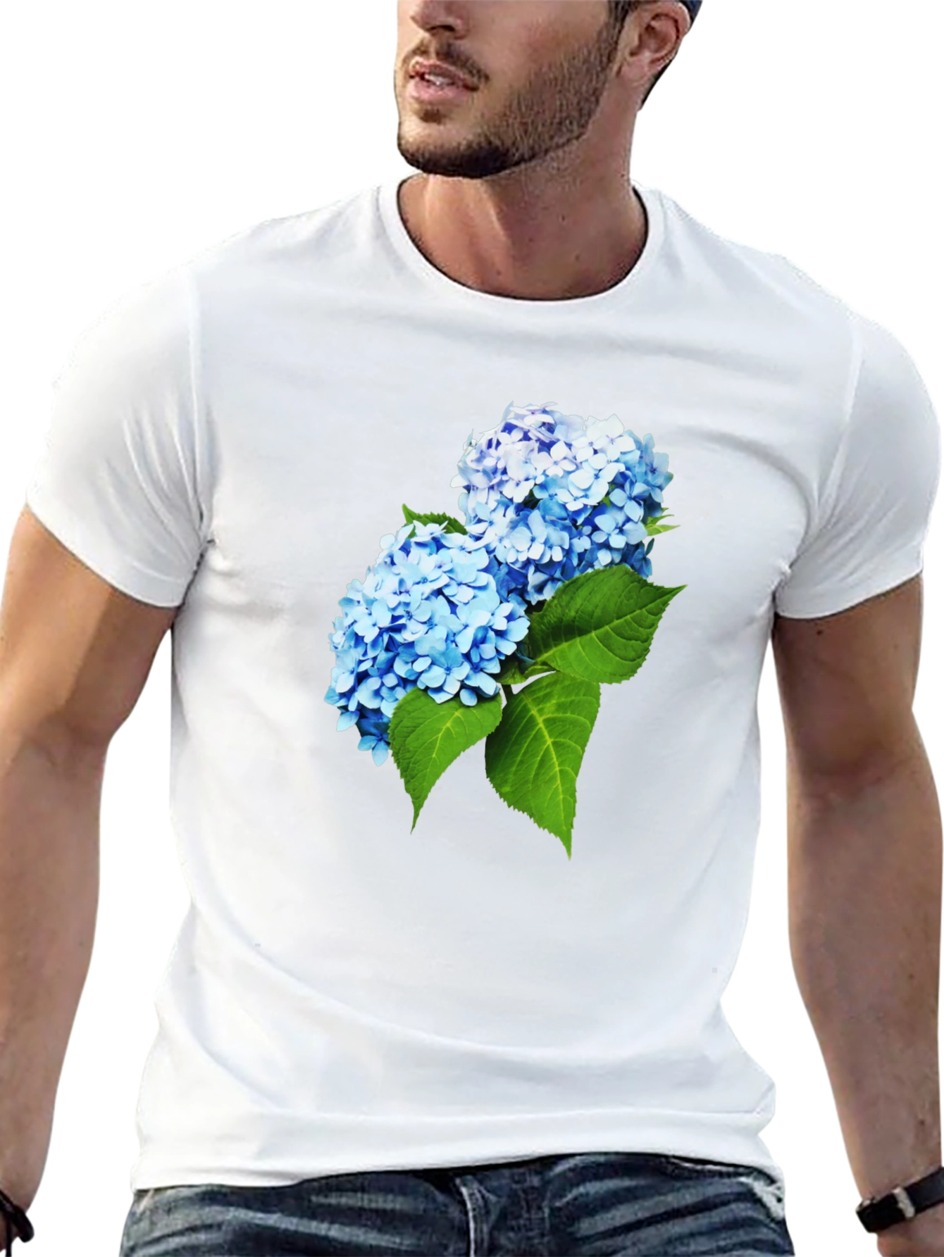 Camiseta Hombre Negra con Hortensias Azules