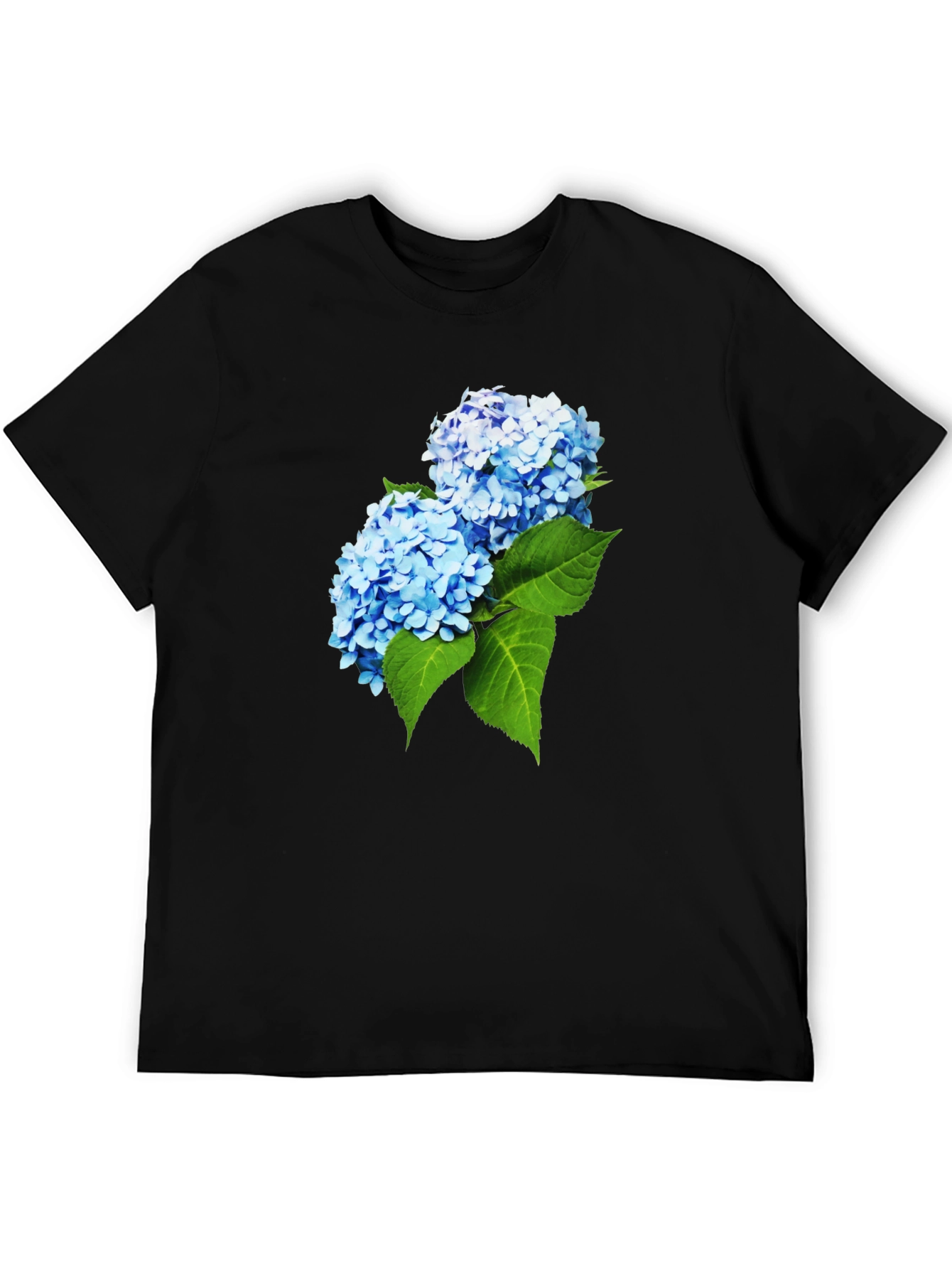 Camiseta Hombre Negra con Hortensias Azules