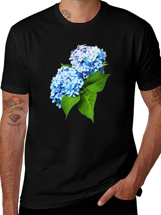 Camiseta Hombre Negra con Hortensias Azules