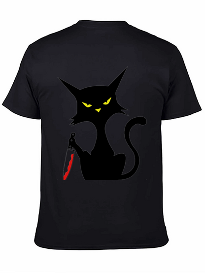 Camiseta Negra Gato con Cuchillo - Estilo Halloween