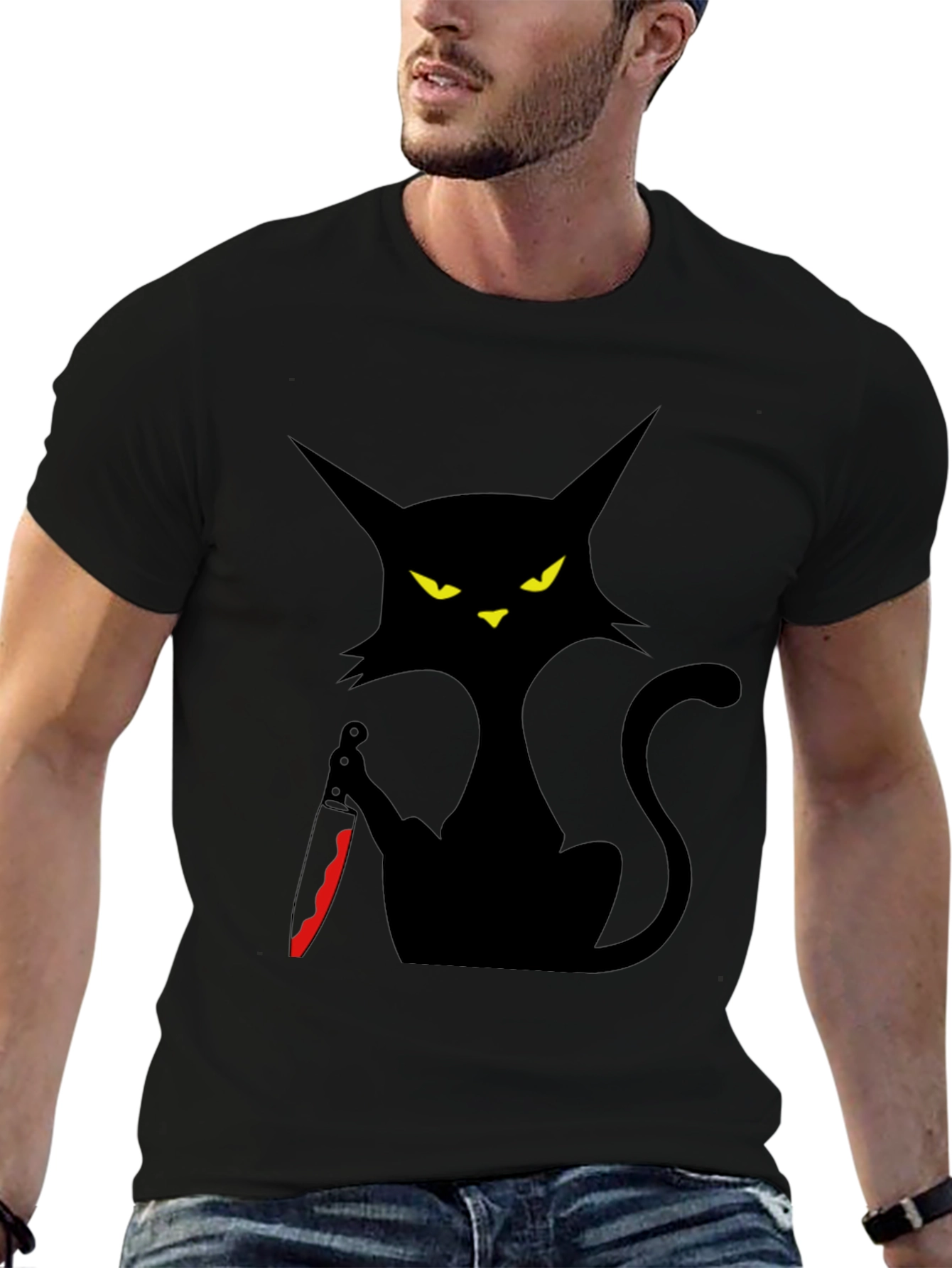 Camiseta Negra Gato con Cuchillo - Estilo Halloween