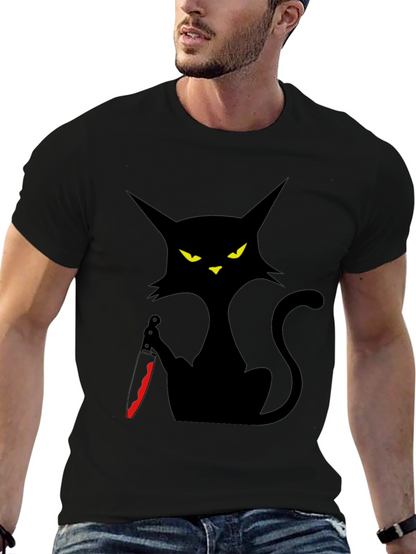 Camiseta Negra Gato con Cuchillo - Estilo Halloween