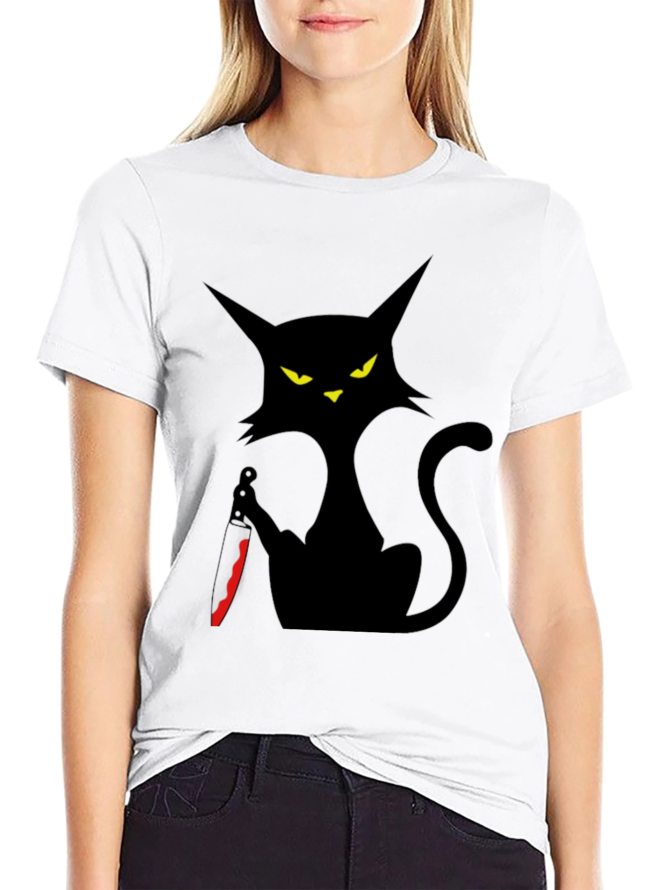 Camiseta Negra Gato con Cuchillo - Estilo Halloween