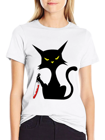 Camiseta Negra Gato con Cuchillo - Estilo Halloween
