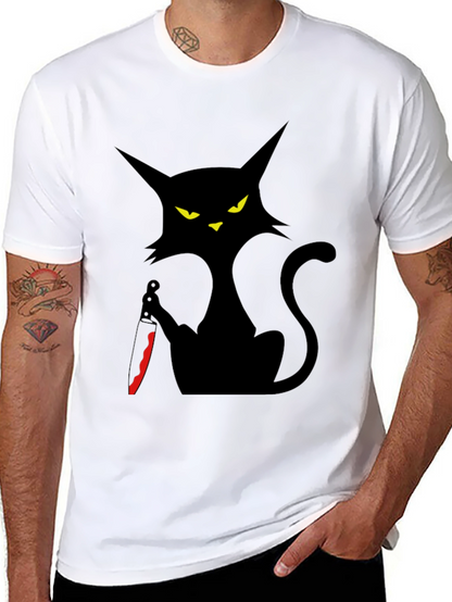 Camiseta Negra Gato con Cuchillo - Estilo Halloween