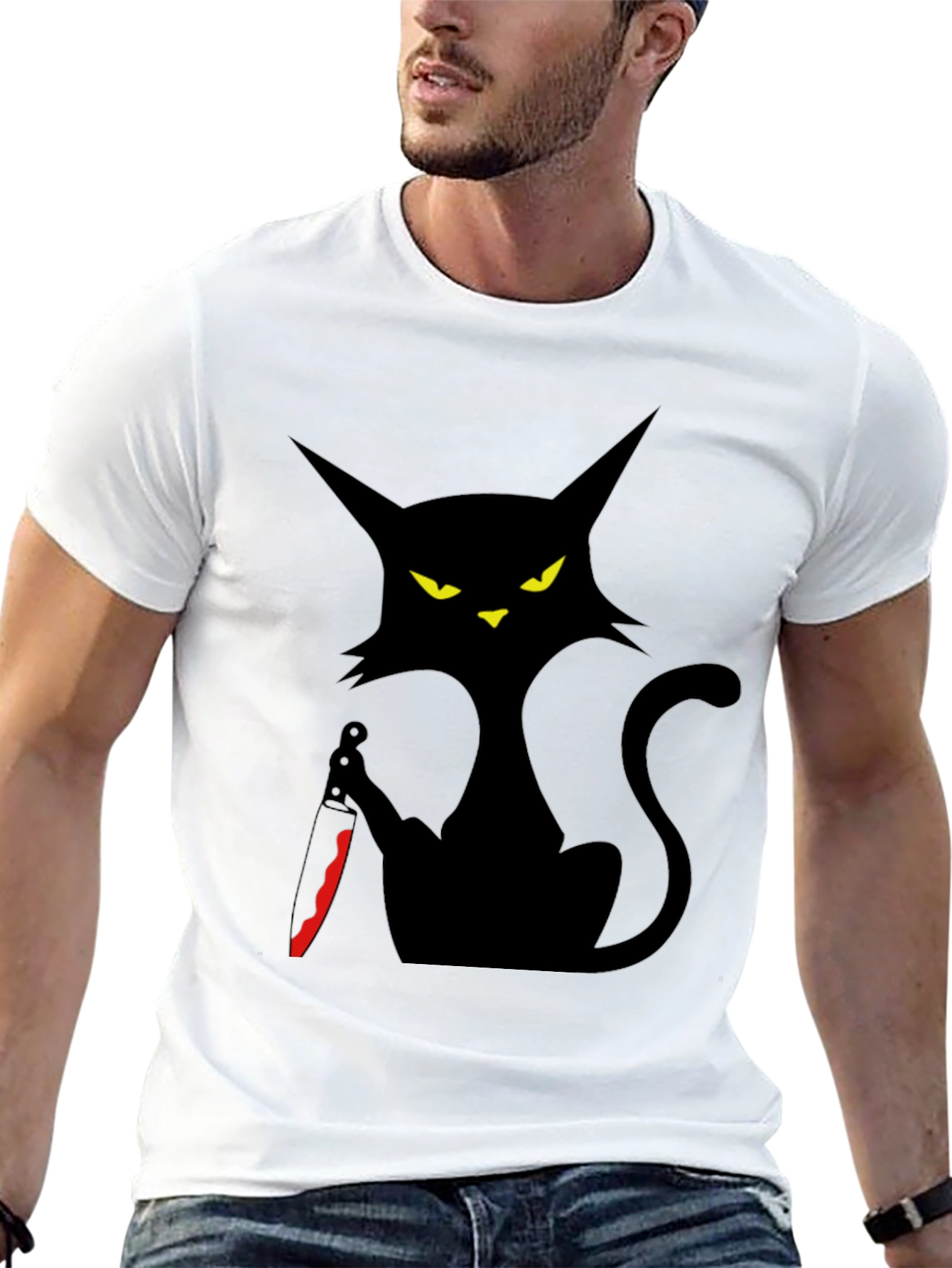 Camiseta Negra Gato con Cuchillo - Estilo Halloween