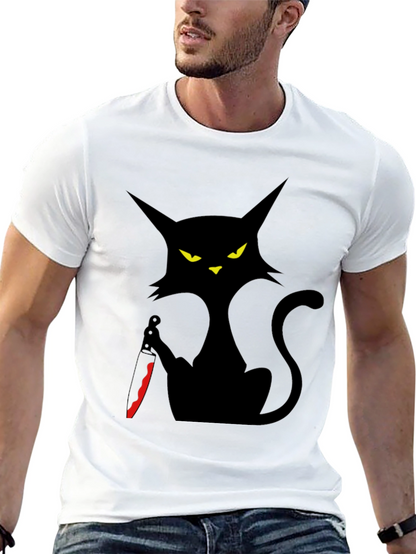 Camiseta Negra Gato con Cuchillo - Estilo Halloween