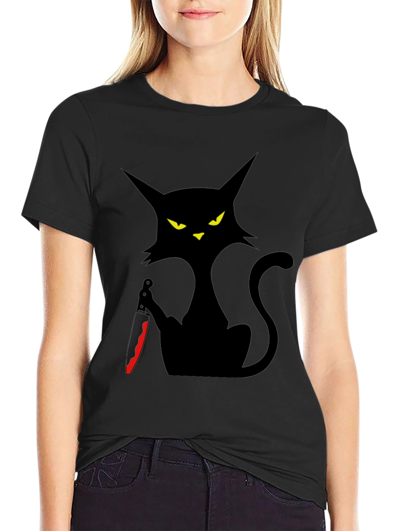Camiseta Negra Gato con Cuchillo - Estilo Halloween