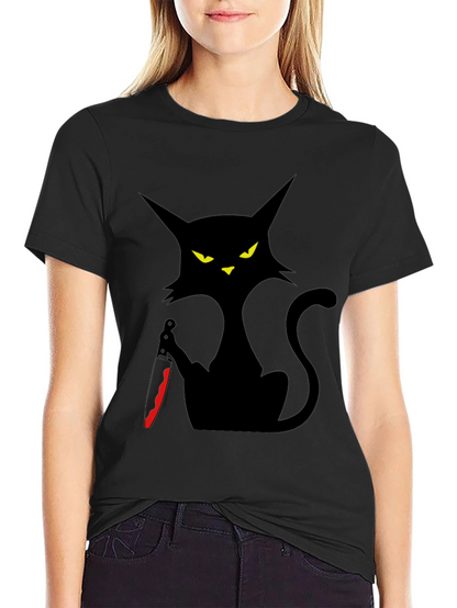 Camiseta Negra Gato con Cuchillo - Estilo Halloween