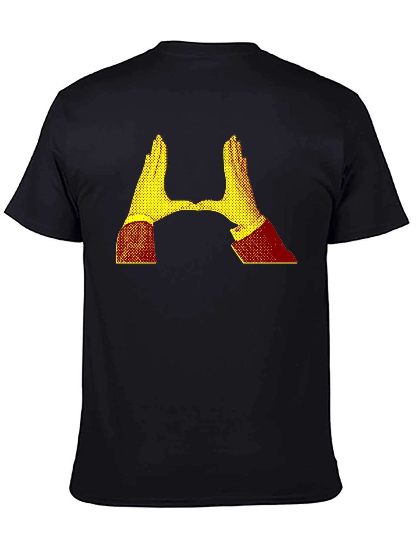 Camiseta Negra con Diseño Abstracto de Manos Amarillas