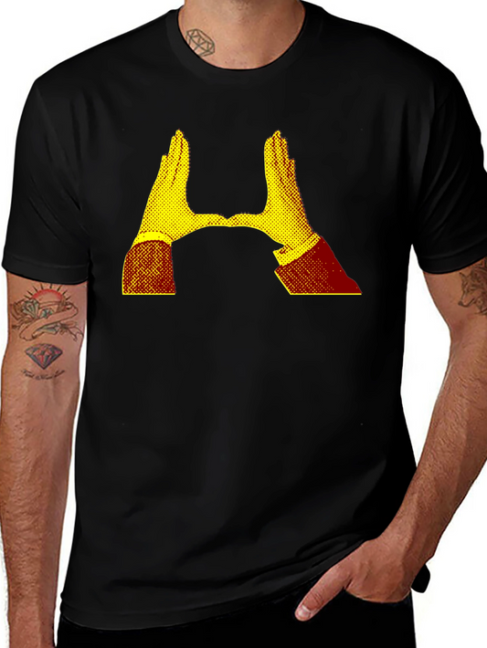 Camiseta Negra con Diseño Abstracto de Manos Amarillas