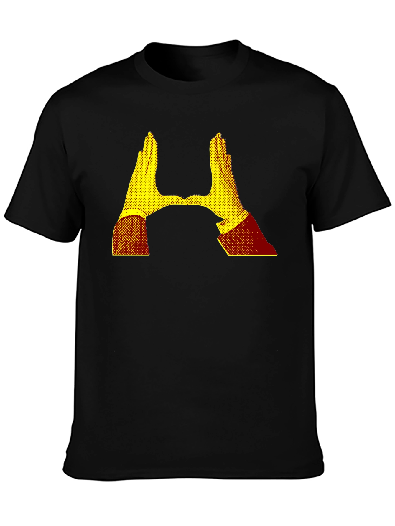 Camiseta Negra con Diseño Abstracto de Manos Amarillas