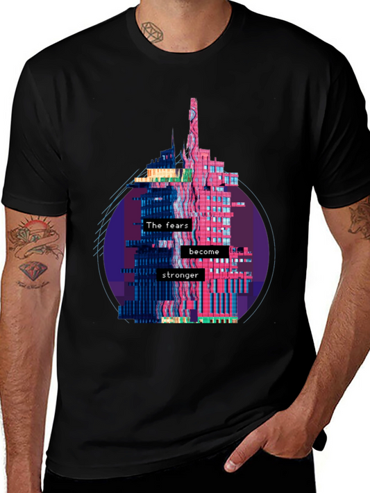 Camiseta Negra con Diseño Abstracto de Edificio