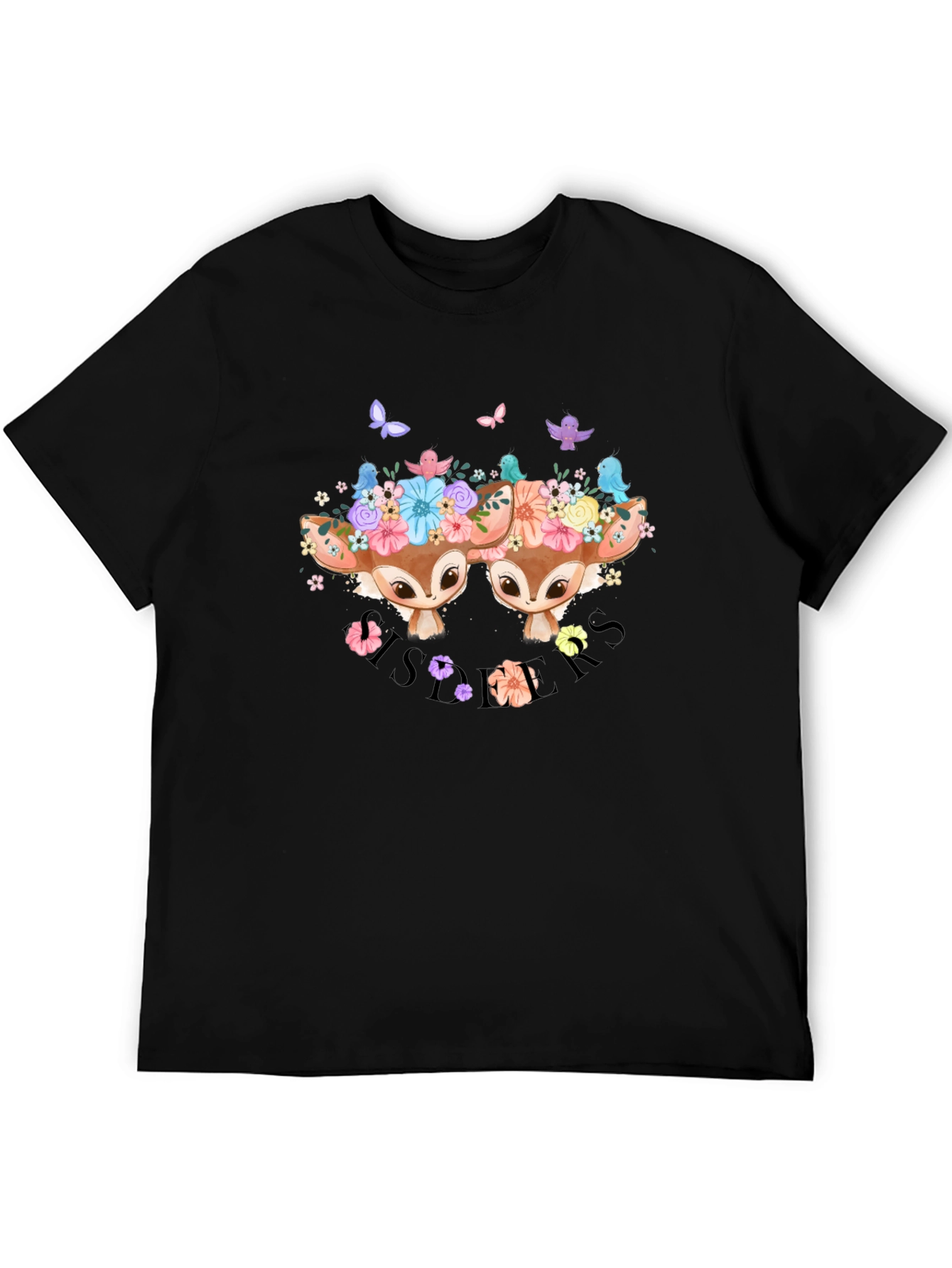 Camiseta Negra con Diseño de Ciervos Florales