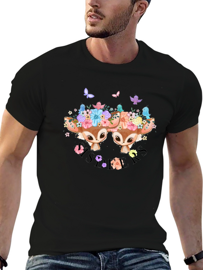 Camiseta Negra con Diseño de Ciervos Florales