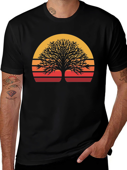 Camiseta Negra con Diseño de Árbol al Atardecer