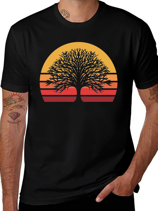 Camiseta Negra con Diseño de Árbol al Atardecer