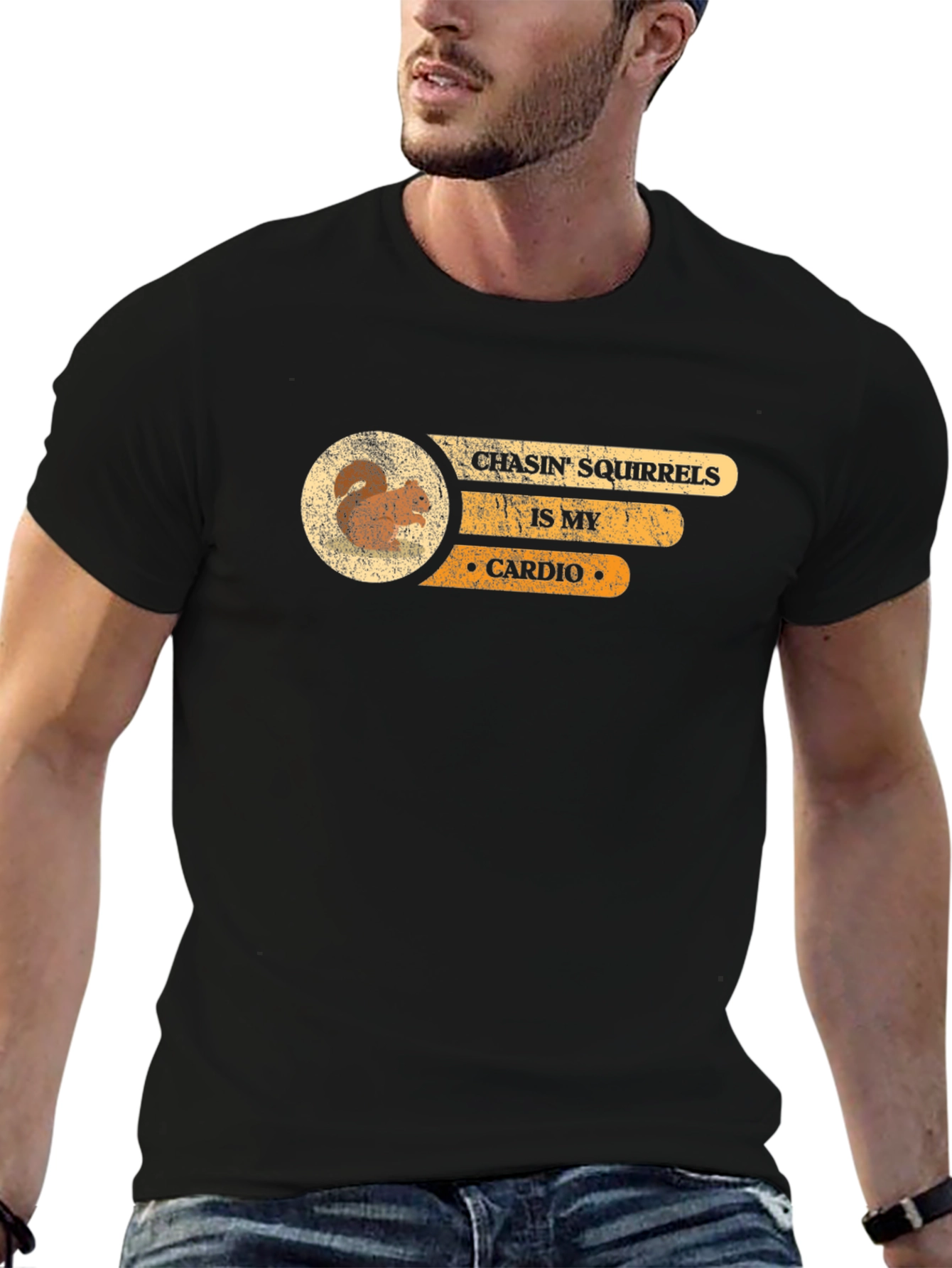 Camiseta Negra Persiguiendo Ardillas es mi Cardio