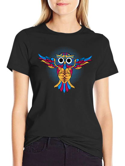 Camiseta Negra con Diseño de Búho Psicodélico