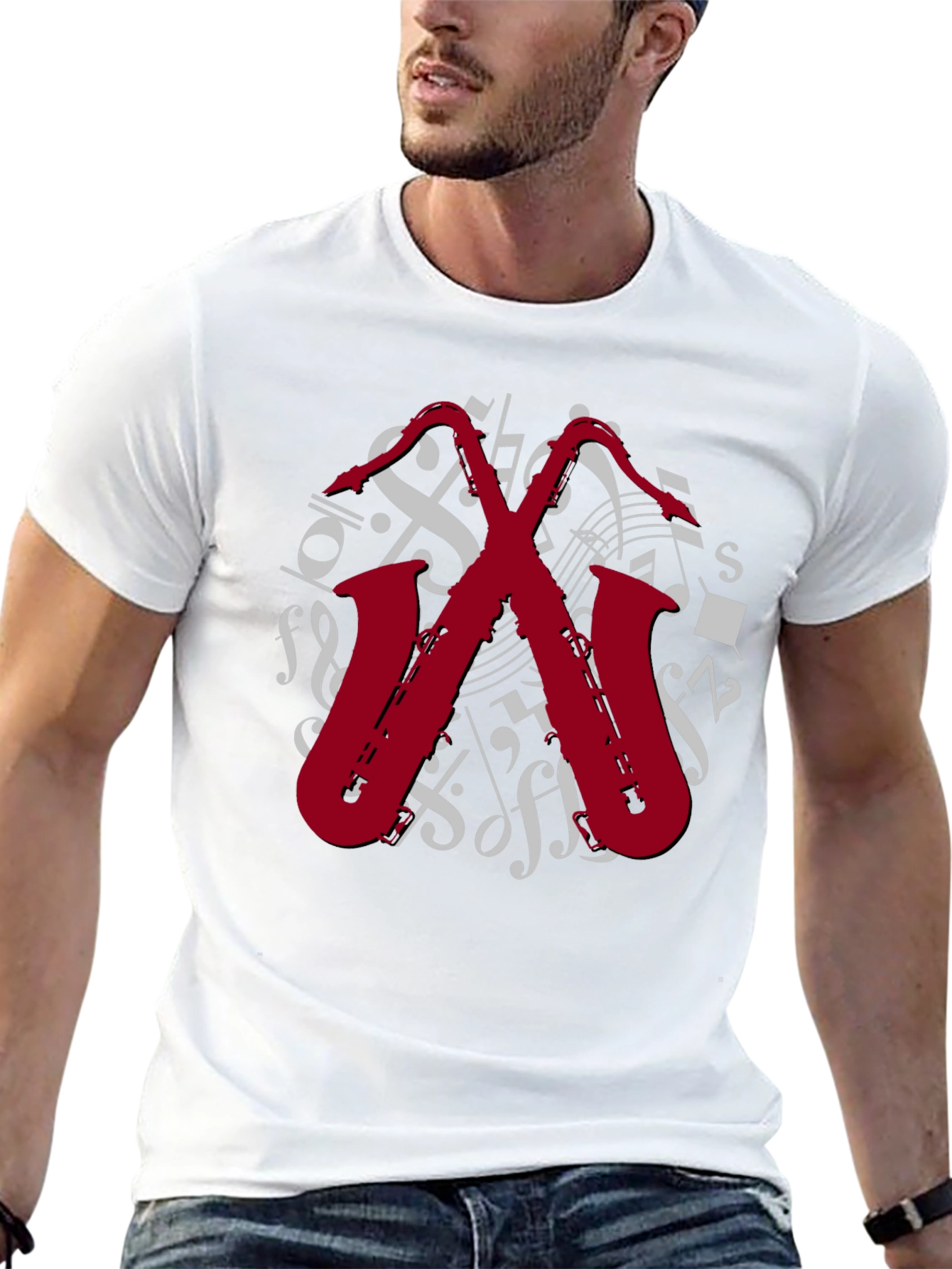 Camiseta Negra con Diseño de Saxofones Musicales