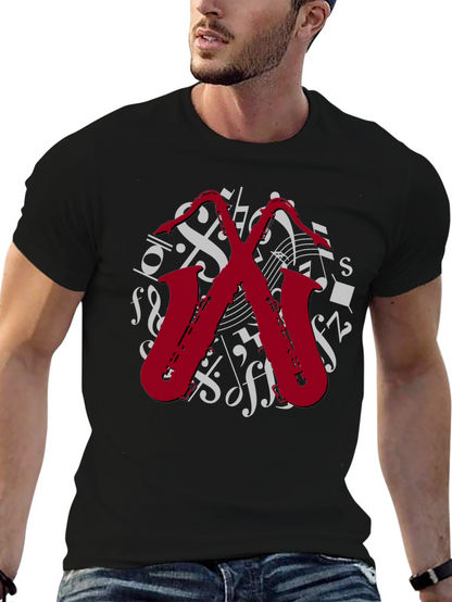 Camiseta Negra con Diseño de Saxofones Musicales