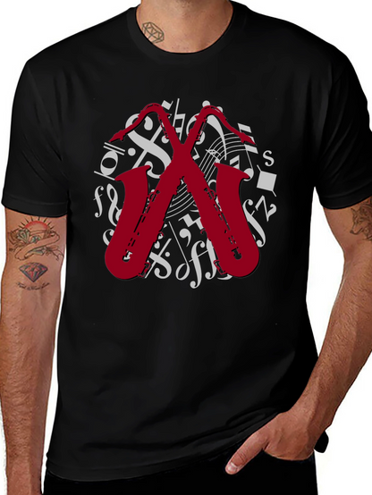 Camiseta Negra con Diseño de Saxofones Musicales