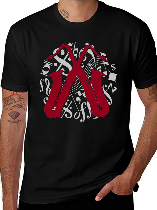 Camiseta Negra con Diseño de Saxofones Musicales