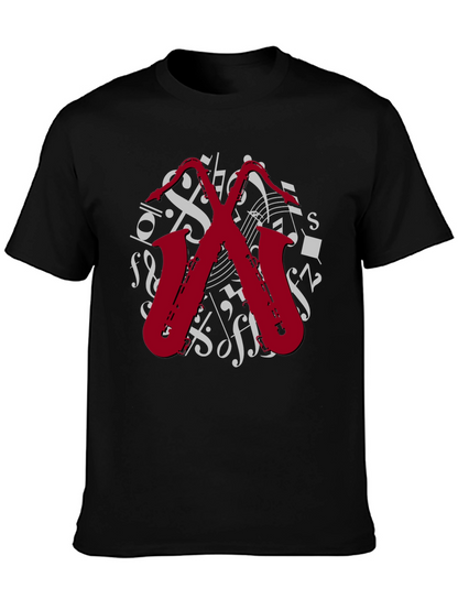Camiseta Negra con Diseño de Saxofones Musicales