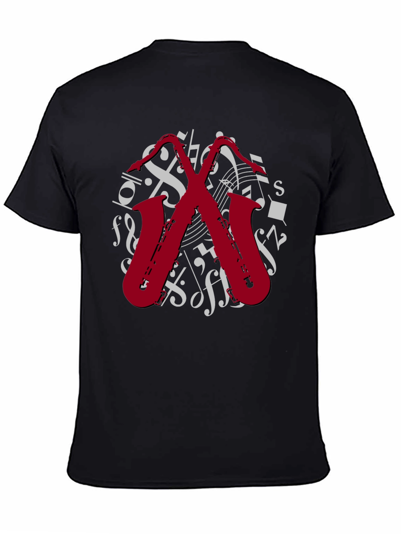 Camiseta Negra con Diseño de Saxofones Musicales