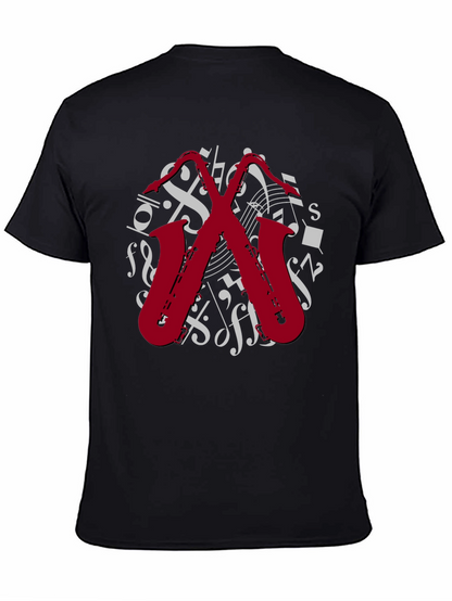 Camiseta Negra con Diseño de Saxofones Musicales