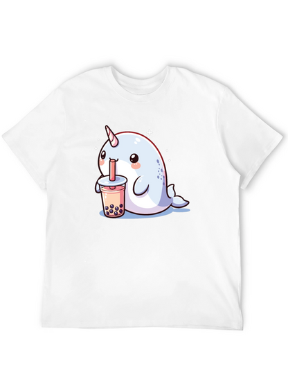Camiseta Negra Narval Kawaii Bebiendo Boba