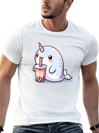Camiseta Negra Narval Kawaii Bebiendo Boba