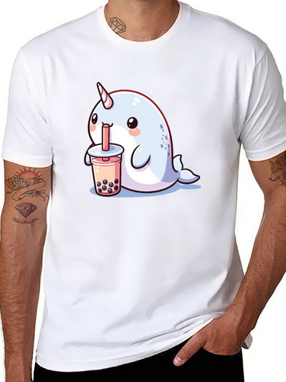Camiseta Negra Narval Kawaii Bebiendo Boba