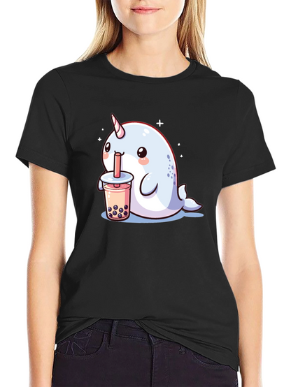 Camiseta Negra Narval Kawaii Bebiendo Boba