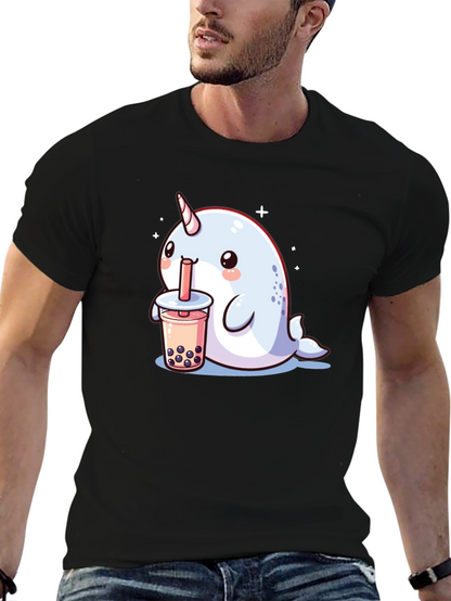 Camiseta Negra Narval Kawaii Bebiendo Boba