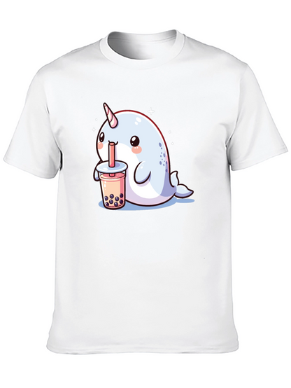 Camiseta Negra Narval Kawaii Bebiendo Boba