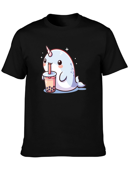 Camiseta Negra Narval Kawaii Bebiendo Boba