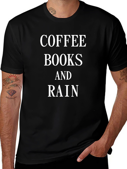 Camiseta Negra: Café Libros y Lluvia - Estilo Casual