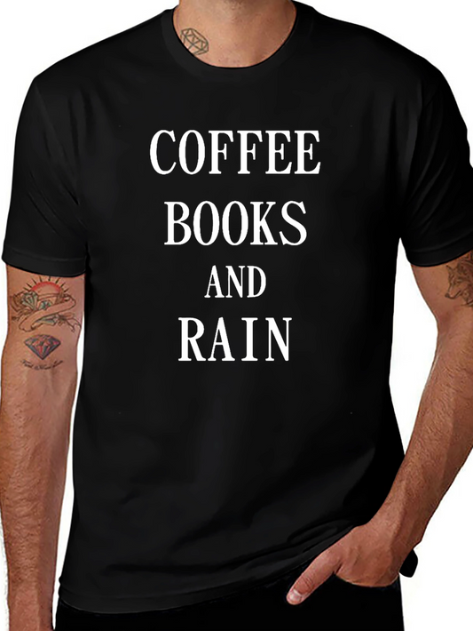 Camiseta Negra: Café Libros y Lluvia - Estilo Casual