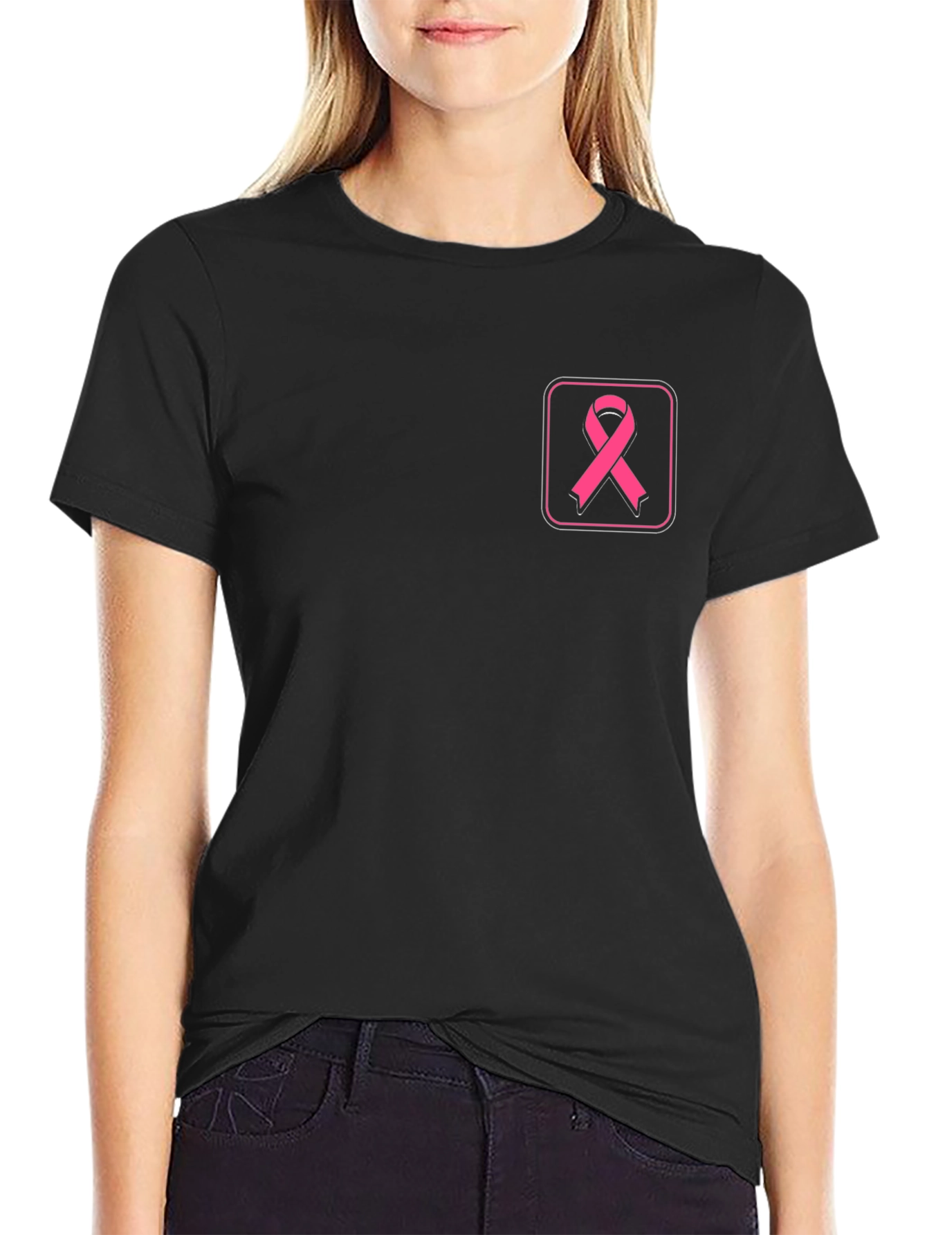 Camiseta Negra con Cinta Rosa contra el Cáncer