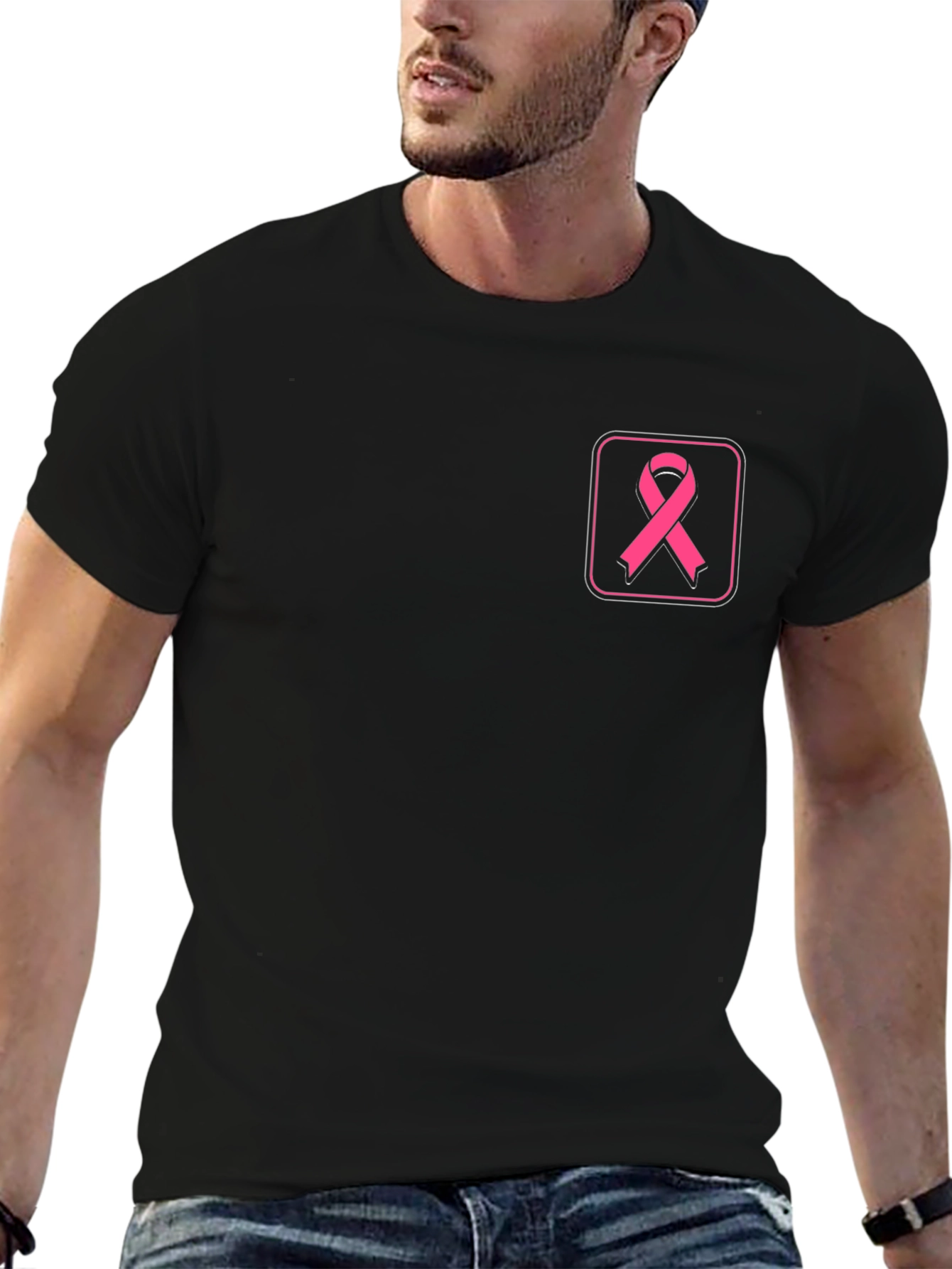 Camiseta Negra con Cinta Rosa contra el Cáncer