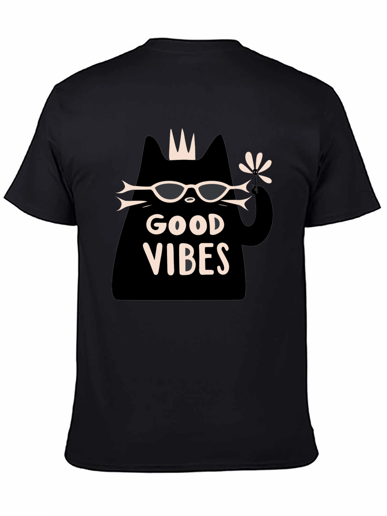 Camiseta Negra Good Vibes con Diseño de Gato