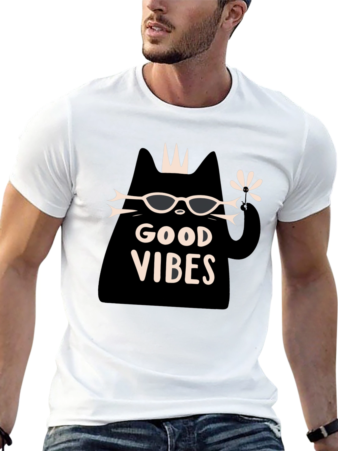 Camiseta Negra Good Vibes con Diseño de Gato