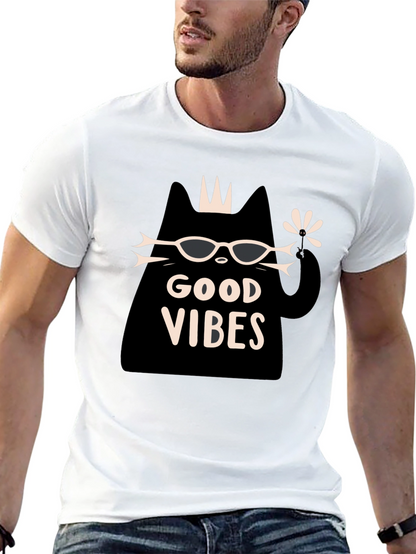 Camiseta Negra Good Vibes con Diseño de Gato