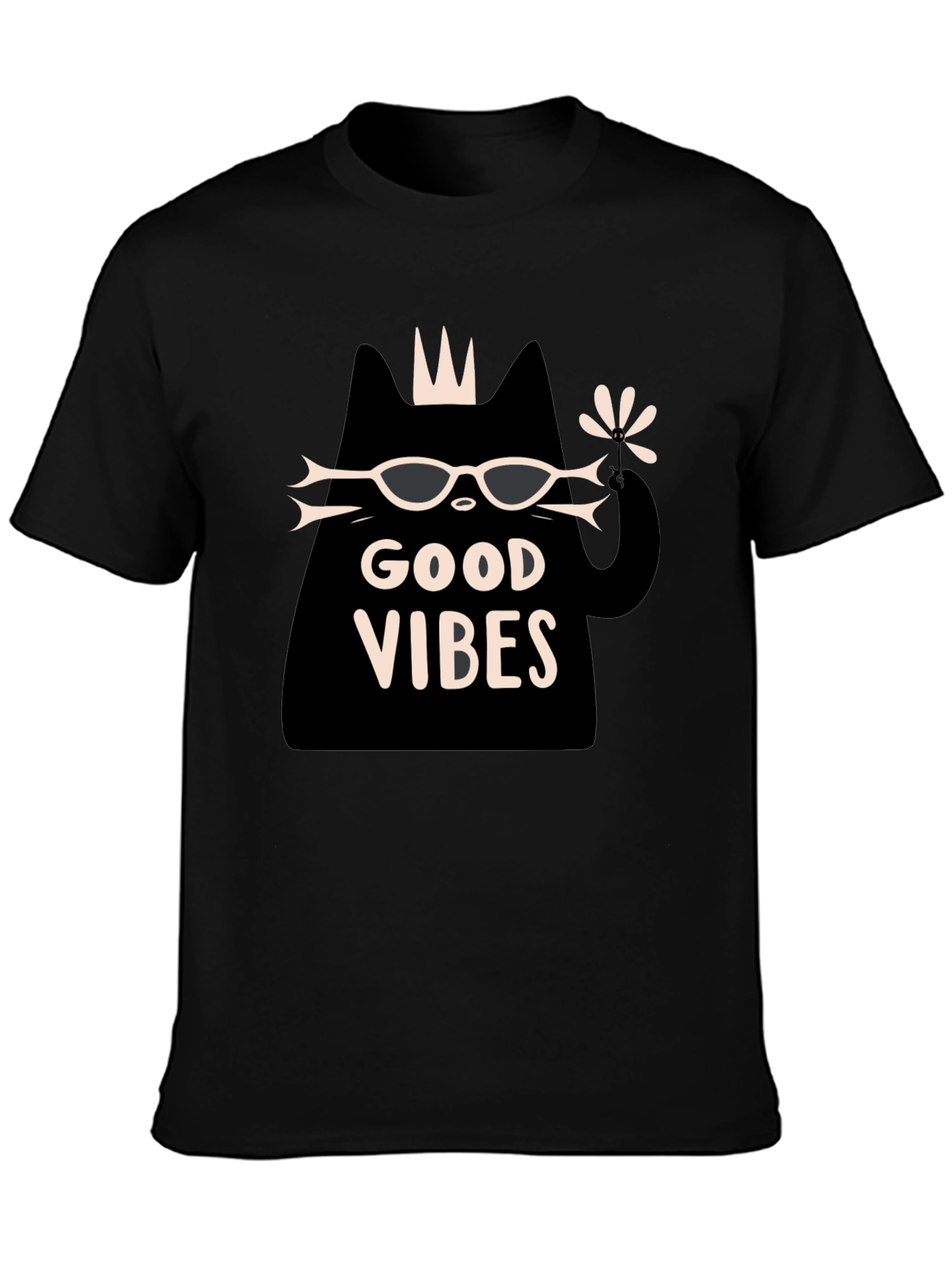 Camiseta Negra Good Vibes con Diseño de Gato