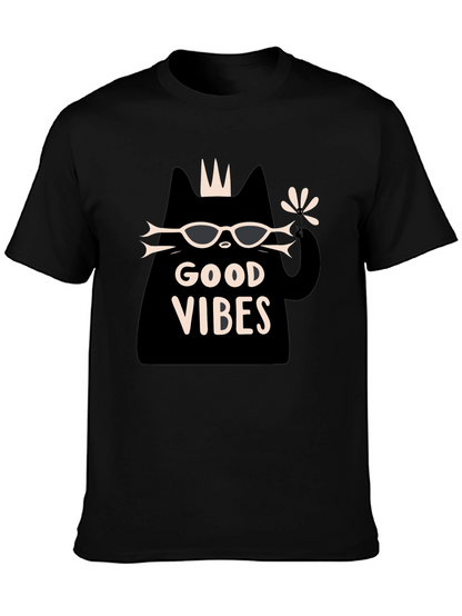 Camiseta Negra Good Vibes con Diseño de Gato