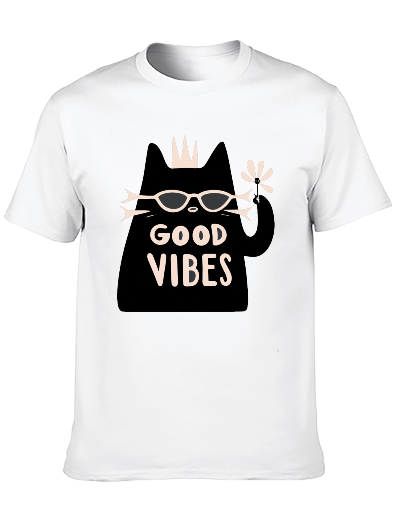 Camiseta Negra Good Vibes con Diseño de Gato