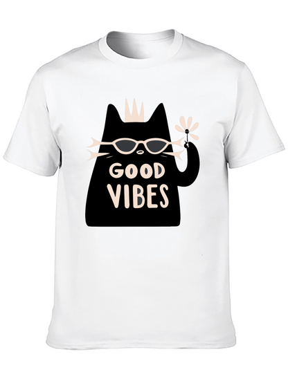 Camiseta Negra Good Vibes con Diseño de Gato