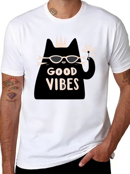 Camiseta Negra Good Vibes con Diseño de Gato