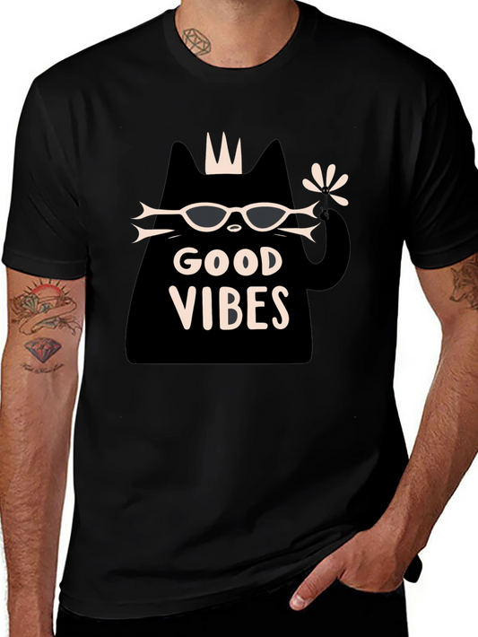 Camiseta Negra Good Vibes con Diseño de Gato